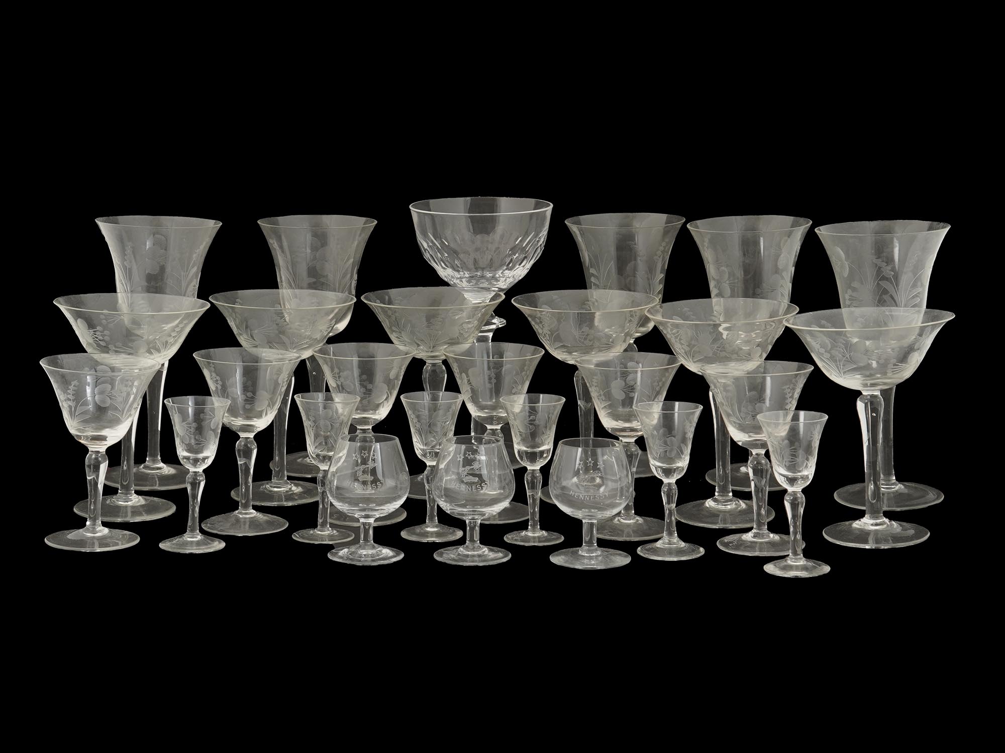 LARGE COLLECTION OF ETCHED GLASS DRINK WARES PIC-0